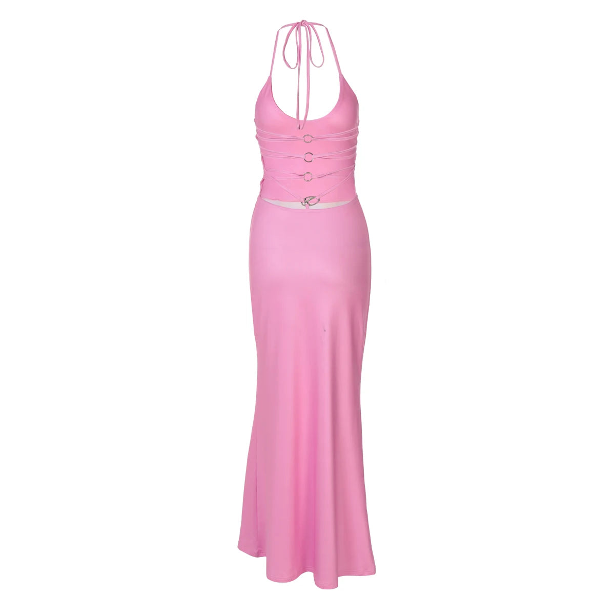 Hugcitar 2025 Frühling Halter Print Halter-Backless Verband Gürtel Sexy Bodycon Maxi Kleid Frauen Mode Outfits Streetwear Festival
