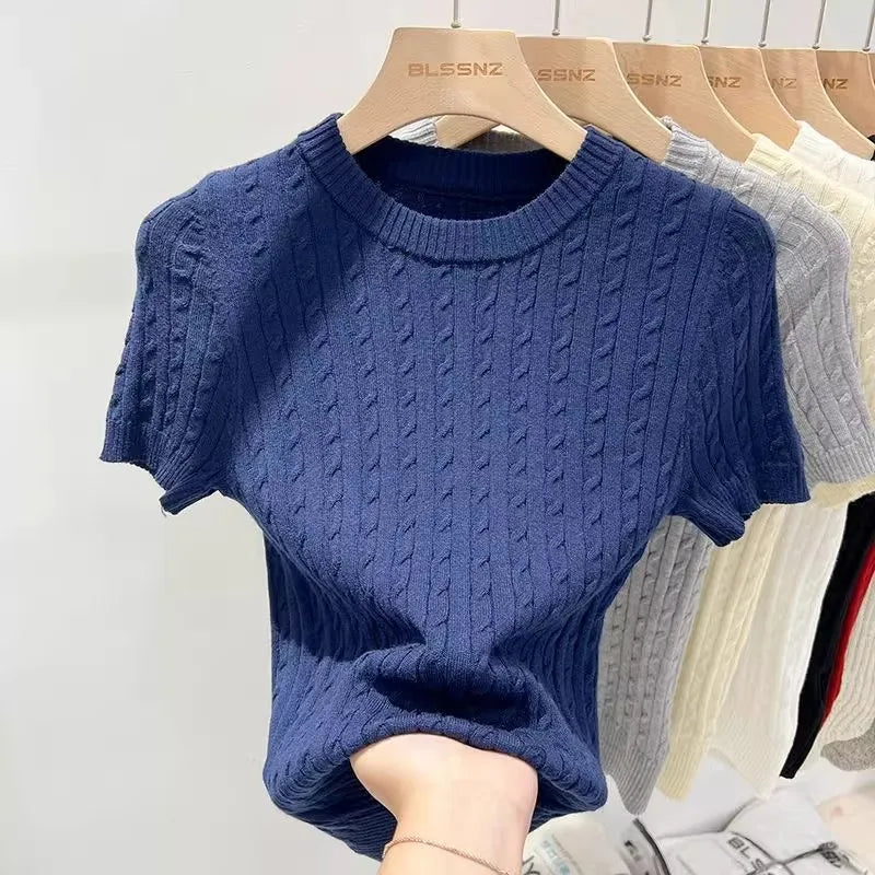 Zjaiss 2026 Sommer Koreanisches Retro Elegantes Textur-Kurzarm-Oberteil mit O-Ausschnitt und Zopfmuster für Damen – Weiches, lässiges, vielseitiges, dünnes T-Shirt