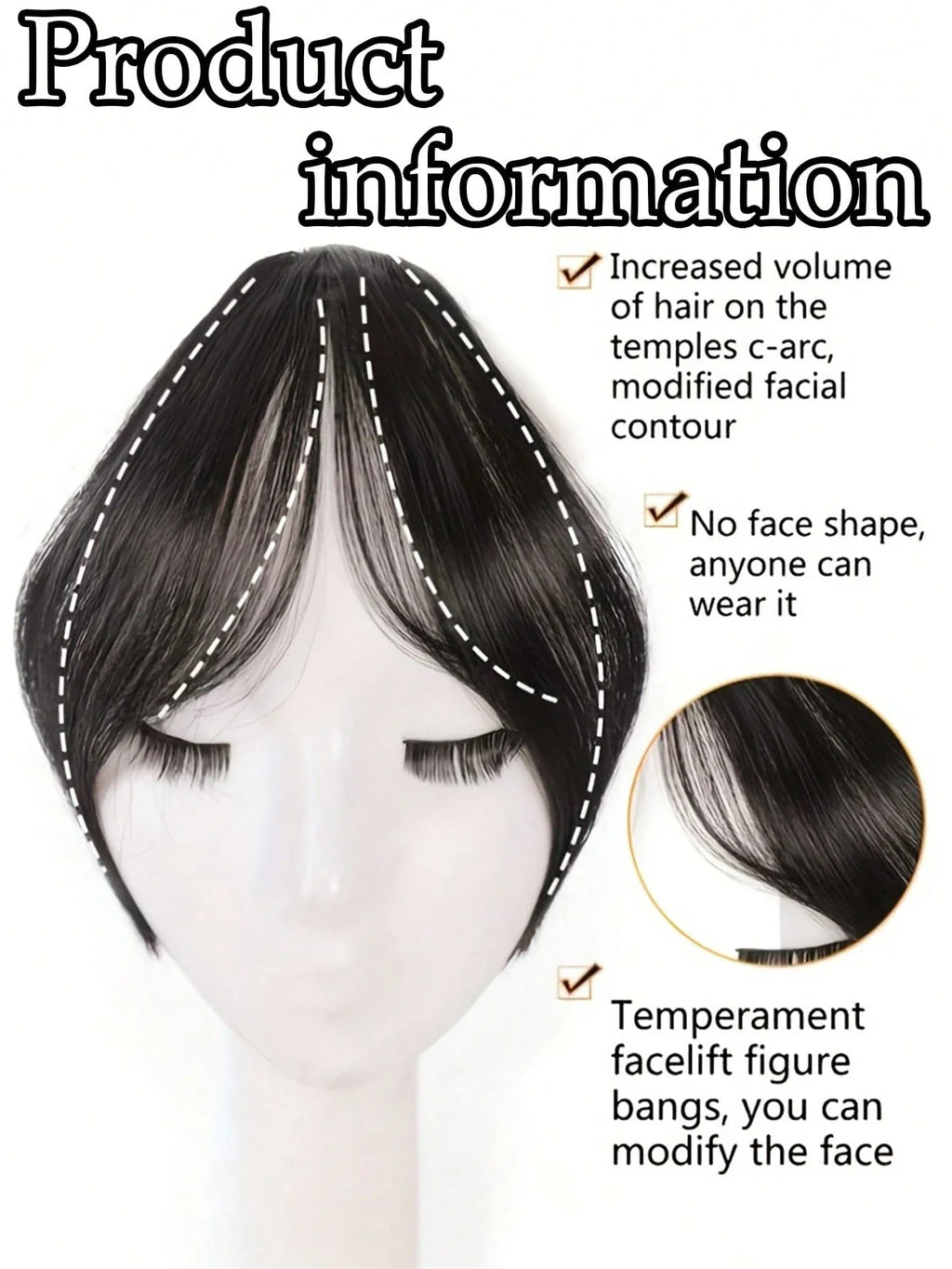 Syntheseperücke, mittlerer Teil, Pony, Haarverlängerungen, Clip-in-Stirn, natürlich, nahtlos, französischer schräger Pony, Pony mit acht Zeichen