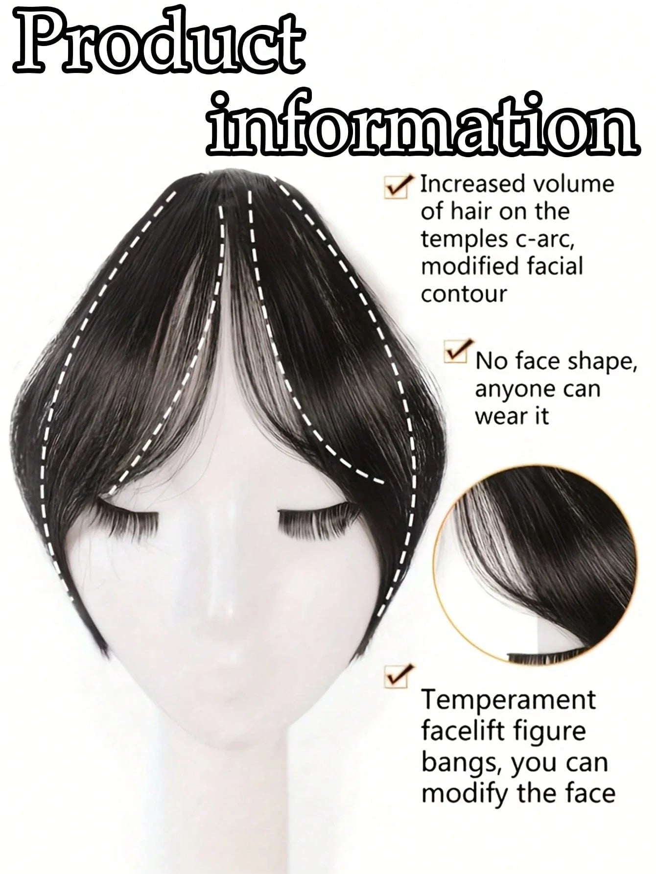 Syntheseperücke, mittlerer Teil, Pony, Haarverlängerungen, Clip-in-Stirn, natürlich, nahtlos, französischer schräger Pony, Pony mit acht Zeichen