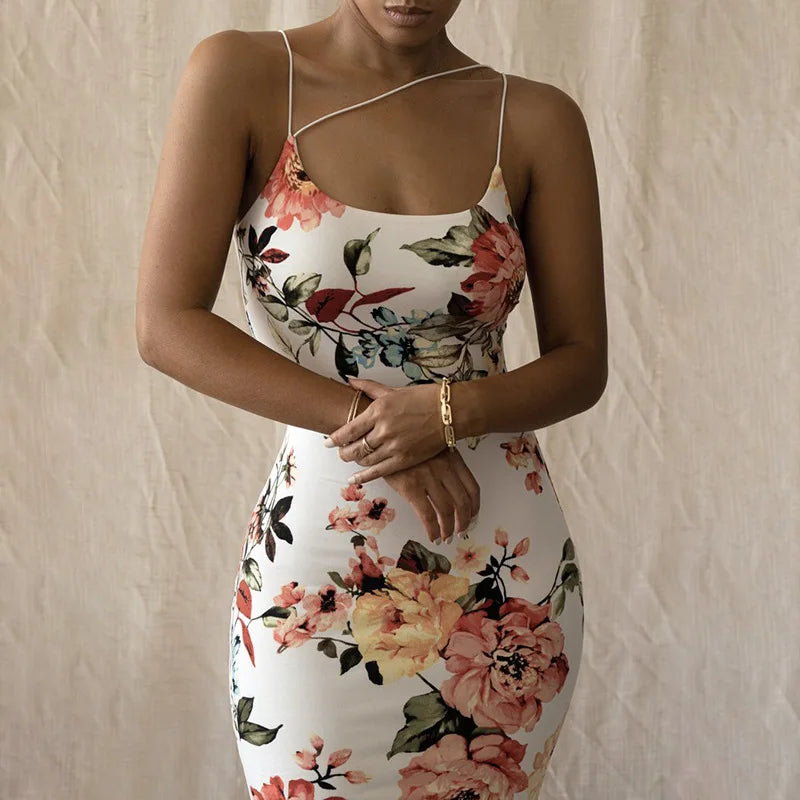 Vintage Floral Print Schlank Bodycon Maxi Kleid Frauen Ärmellose Spaghetti Strap Dünne Lange Kleid Elegante Club Party Vestidos