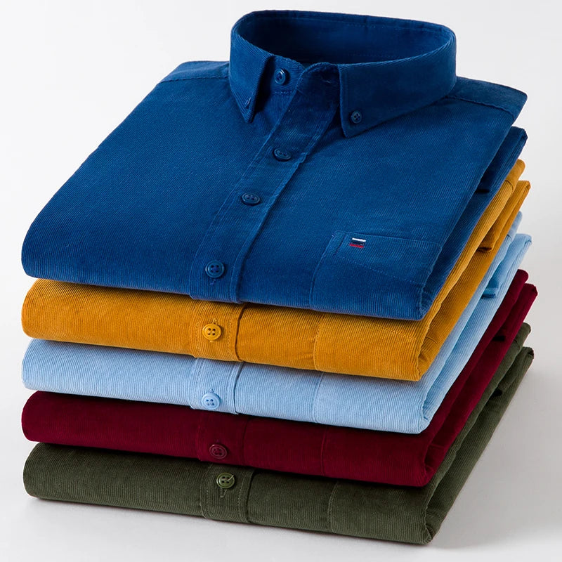 Neue Herrenhemden aus reiner Baumwoll-Cord, modisch, Business-Casual, bequem, extra Größe, einfarbig, langärmelig, Herrenbekleidung
