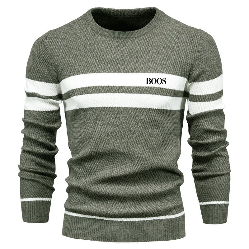 Autumn and winter men's casual striped men's sweater pullover, color blocked round neck embroidered men's European size knitted