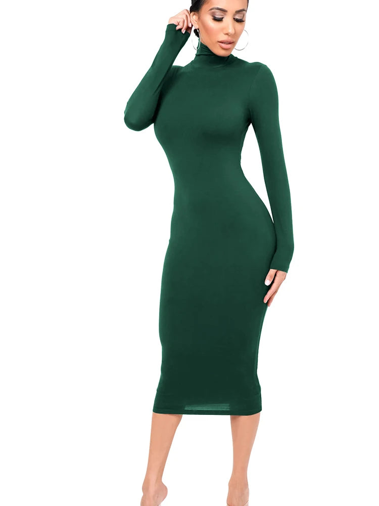 Winter Schwarz Rollkragen Sexy Frauen Kleid Herbst Langarm Dünne Midi Boydcon Casual Blau Plüsch Knie-Länge Party