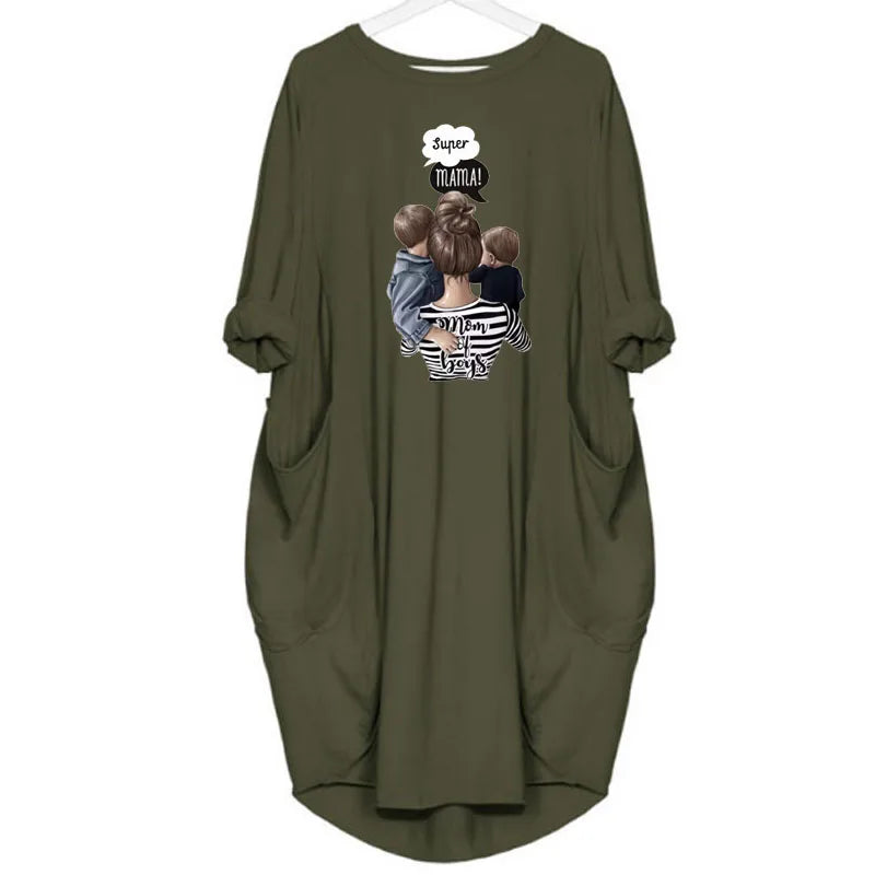 Frauen Lose Lange Ärmeln Sommer Plus Größe Kleid Herbst Winter Casual Rundhals Einfarbig Langarm Tasche Lose Pullove