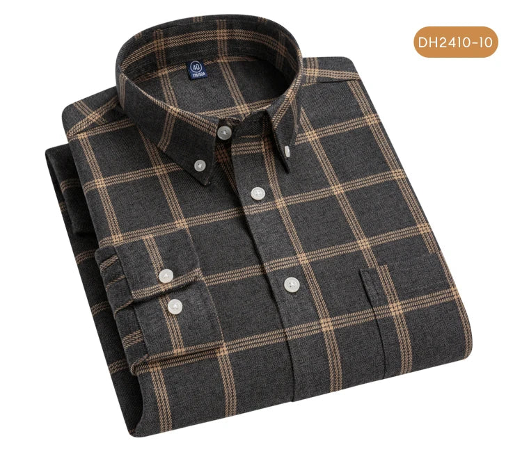 Langärmliges Flanell-Karohemd für Herren – weiche reine Baumwolle, Button-Down-Hemden, dick, Herbst und Winter – Wochenend-Casual, Ausgehen