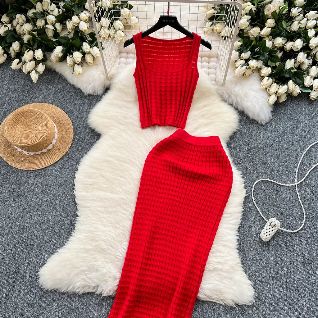 Sommer Frauen Mode Rock Set sexy ärmellose Tanktops hohe Taille schlanke lange Saya weibliche zweiteilige Anzüge stricken feste Kleidung