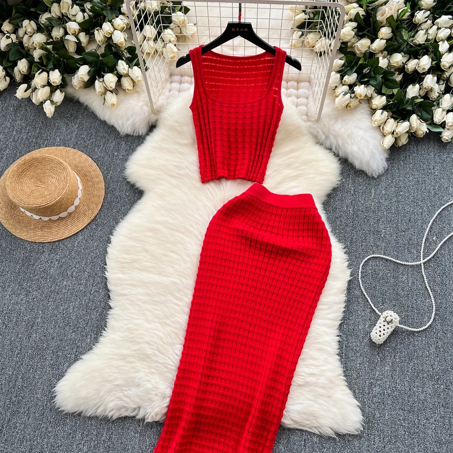 Sommer Frauen Mode Rock Set sexy ärmellose Tanktops hohe Taille schlanke lange Saya weibliche zweiteilige Anzüge stricken feste Kleidung