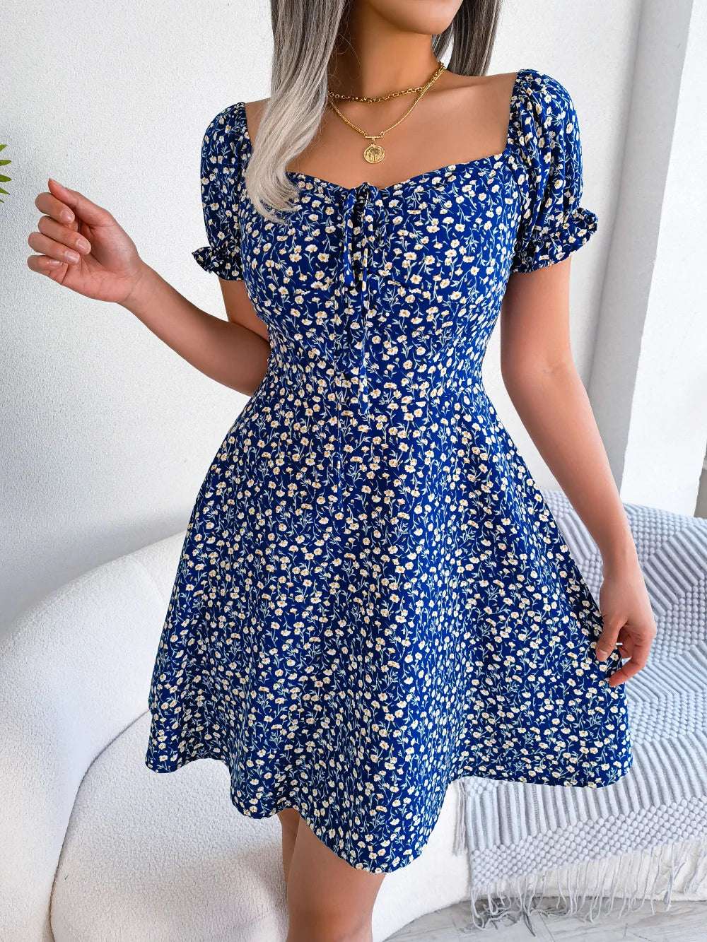 Sommer Blumendruck Kurzes Kleid Bufftrly Ärmel Retro Damenkleider Mode Lässig Square Neck Tunika Strandkleid Elegant Chic
