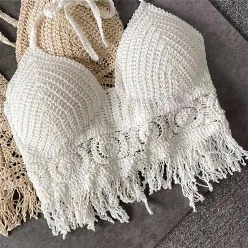 2024 sommer Sexy Strand Kurze Crop Top für Frauen Leichte Aushöhlen Häkeln Quasten Saum Halter Bhs Bustier mit Brust Pads