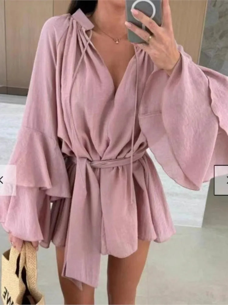 Süße ausgestellte Ärmel Kleider für Frauen 2025, sexy tiefer V-Ausschnitt, modisches Minikleid, Frühling, Sommer, Schnürung, solides Kleid, Robe Femme
