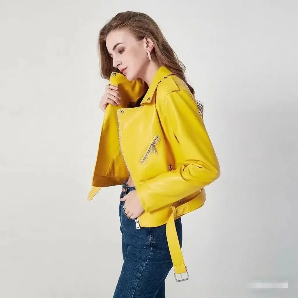 Damen-PU-Lederjacke, schmale Passform, Motorrad, gewaschener Reißverschluss, Oberteil, Herbst-Winter, modische Oberbekleidung, lässiger Stil, volle Ärmel