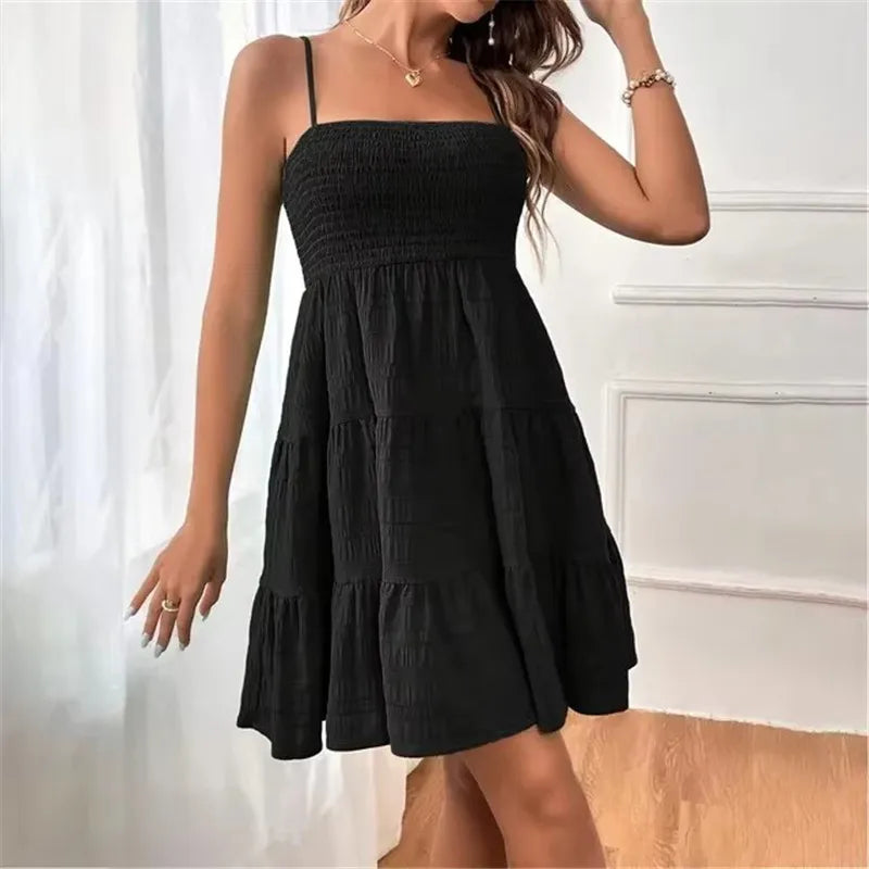 Bohemian Strand Sommerkleid Frauen Sexy Ärmellose Backless Große Schaukel Mini Kleid Solide Spaghetti Strap Rüschen Kleid Sommer Vestidos