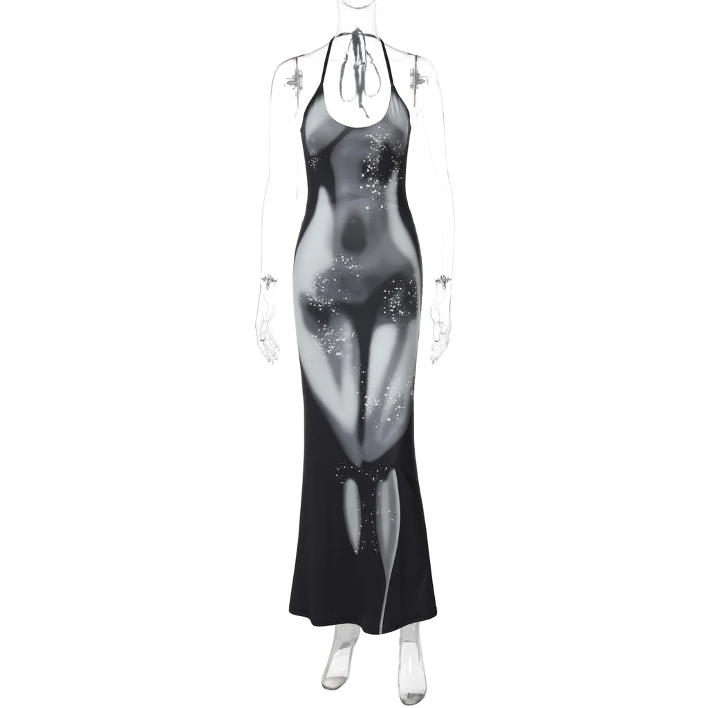 Hugcitar 2025 Frühling Halter Print Halter-Backless Verband Gürtel Sexy Bodycon Maxi Kleid Frauen Mode Outfits Streetwear Festival