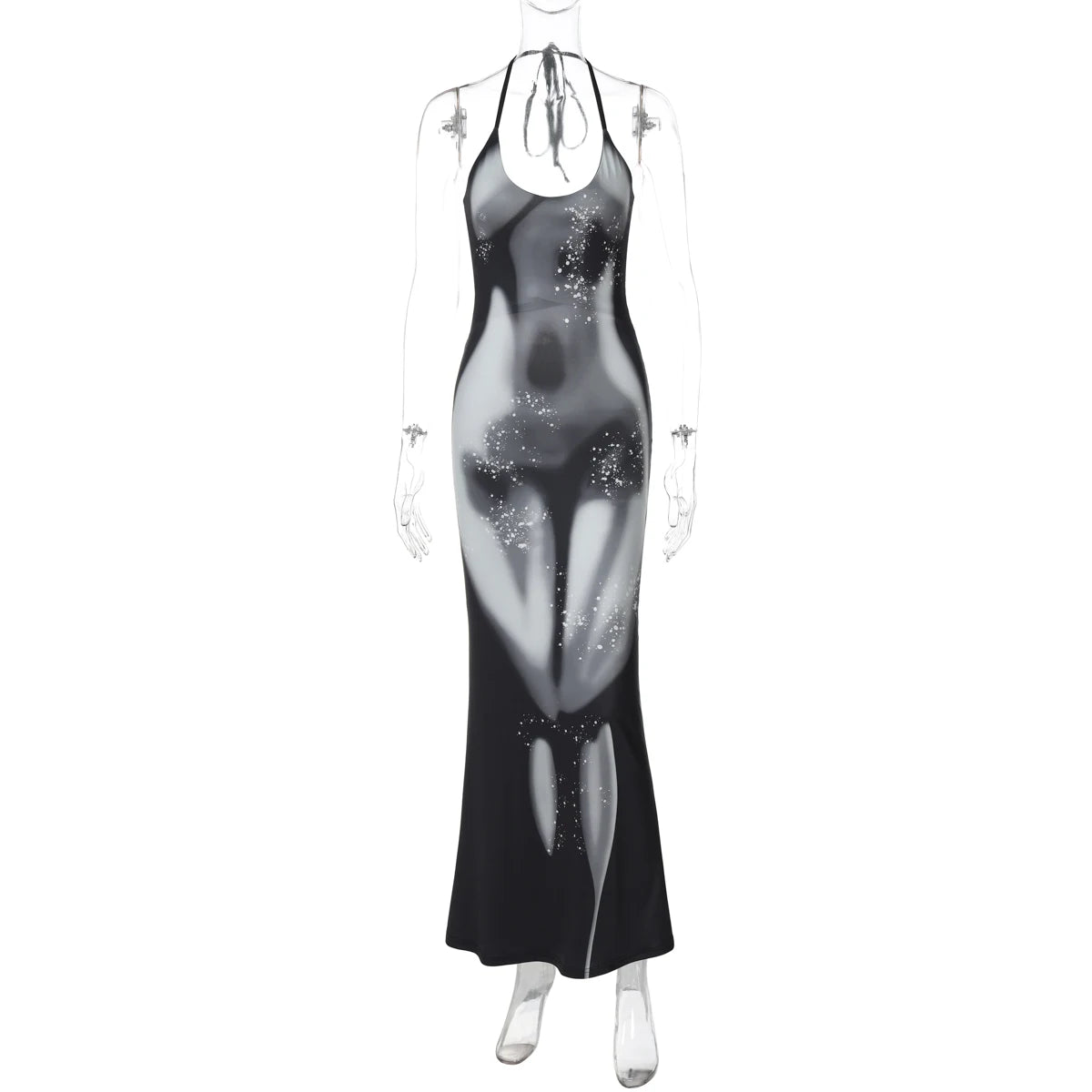 Hugcitar 2025 Frühling Halter Print Halter-Backless Verband Gürtel Sexy Bodycon Maxi Kleid Frauen Mode Outfits Streetwear Festival