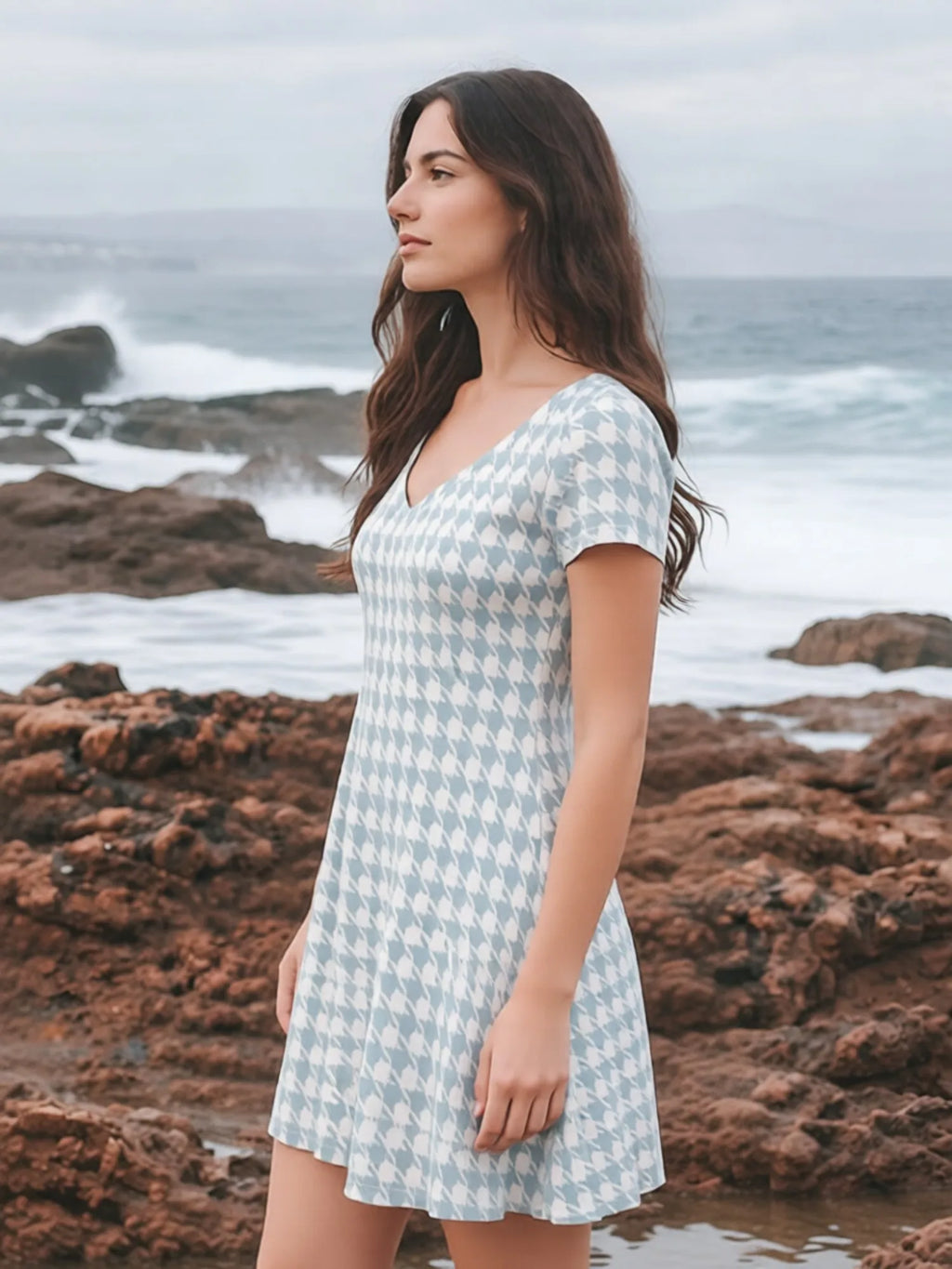 Damen-Kleid mit V-Ausschnitt, kurzen Ärmeln und Blumenmuster, Skater-Kleid für den Alltag, lässiges Outfit, schön, für den Alltag, feminin, anmutig, entspannt, leicht zu tragen, süß, Café