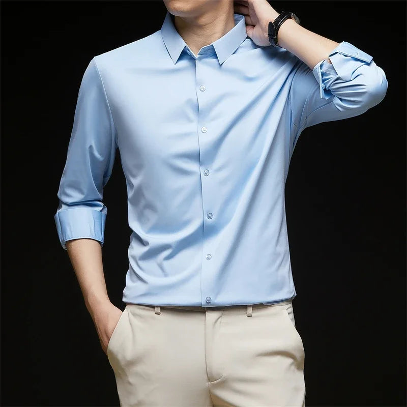 Neues, langärmliges, einfarbiges Business-Casual-Hemd für Herren, knitterfrei, knitterfrei, bequem, vielseitiges Oberteil für die ganze Saison
