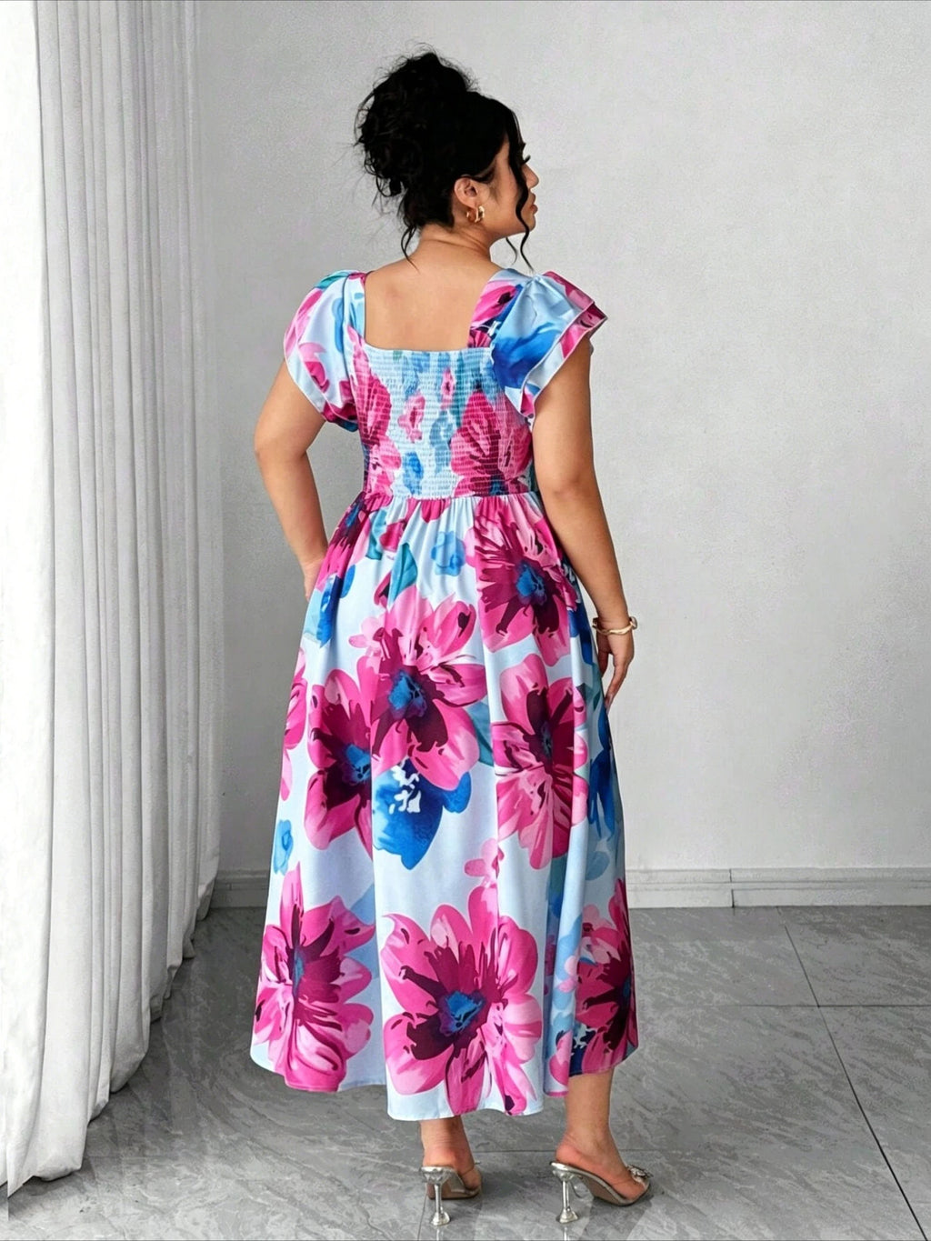 Elegantes, blau bedrucktes A-Linien-Kleid für Damen in Übergröße, schmal geschnittenes, lässiges Minikleid für den Alltag und Verabredungen