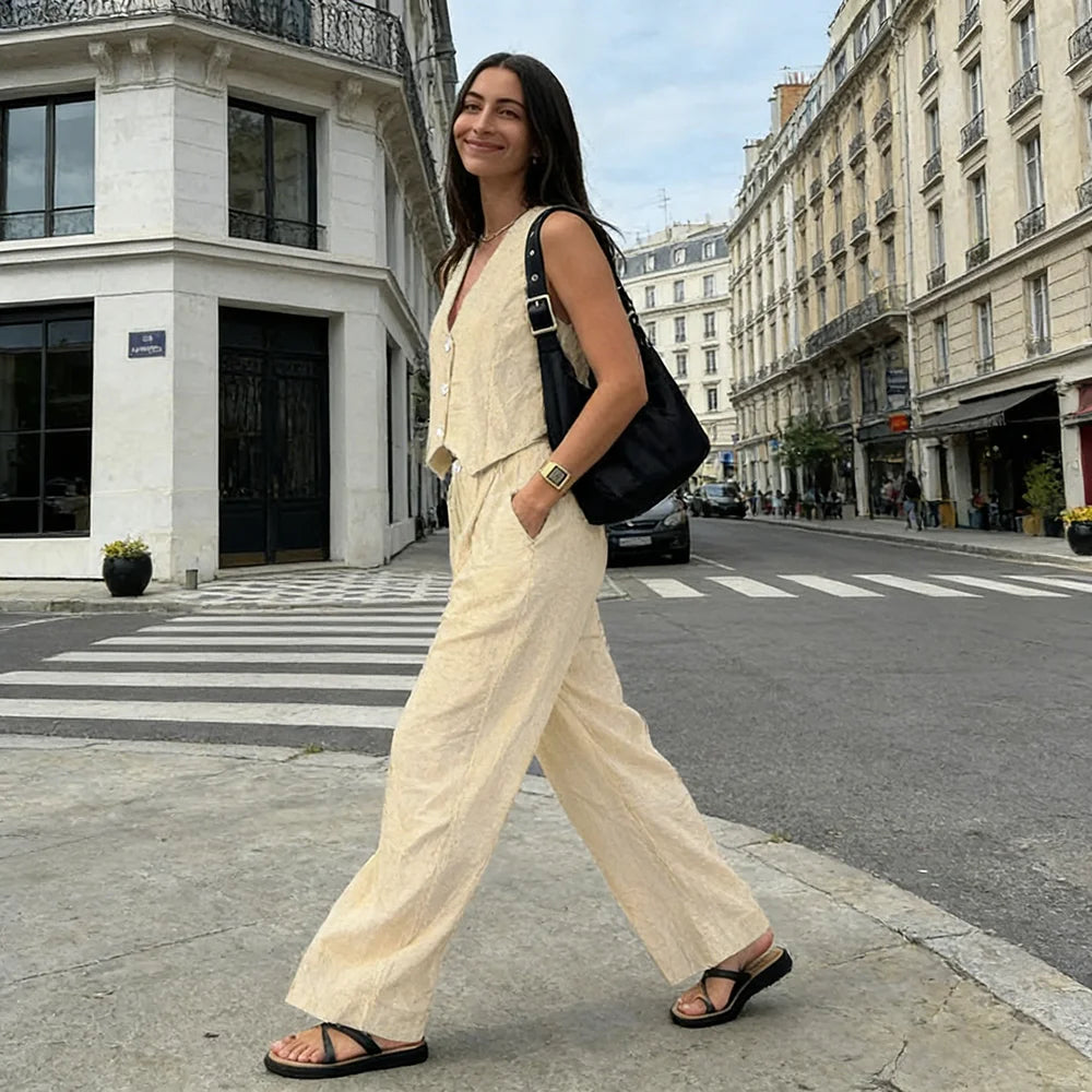 2026 Neues Retro Relaxed 2-Teiliges Set für Damen: Aprikosenfarbene Ärmellose Weste + Hochgeschnittene Weite Hose Schlankheitsfördernd & Aufhöhen-Wirkung