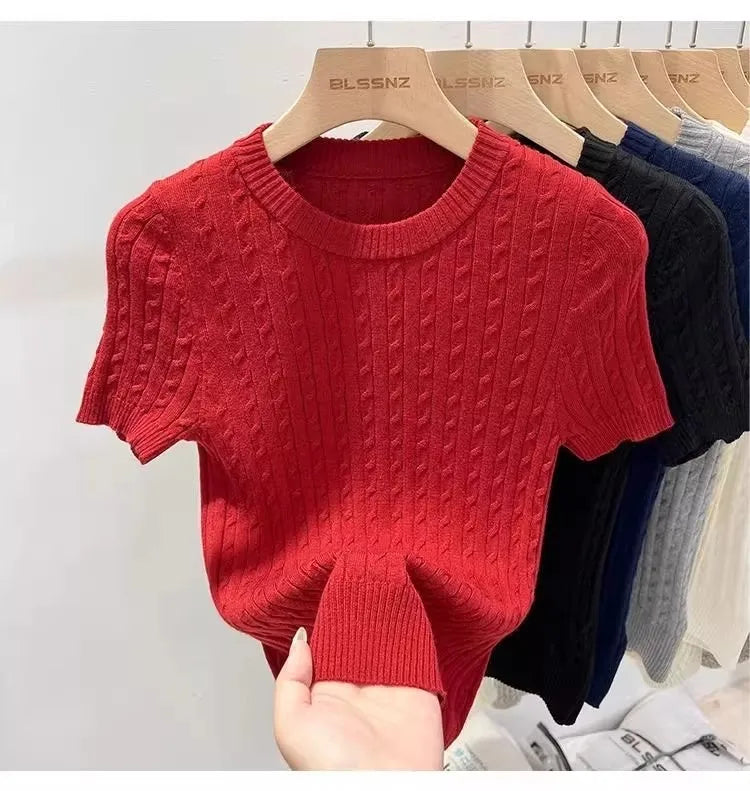 Zjaiss 2026 Sommer Koreanisches Retro Elegantes Textur-Kurzarm-Oberteil mit O-Ausschnitt und Zopfmuster für Damen – Weiches, lässiges, vielseitiges, dünnes T-Shirt