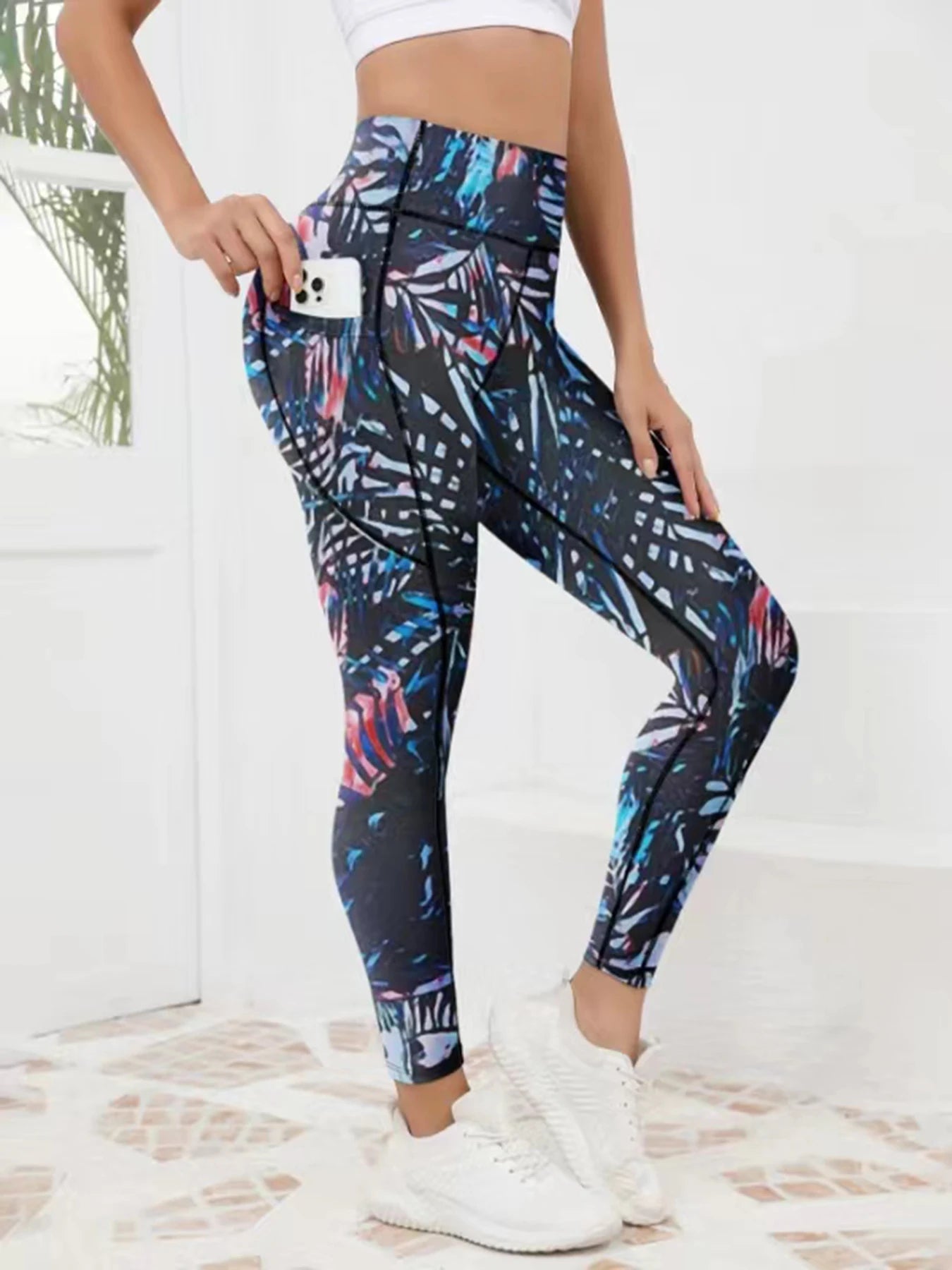 Bedruckte Damen-Fitnesshose mit hohem Bund und Tasche, gepaart mit engen Bauch-Yogahosen, geeignet zum Laufen, Wandern und Sp