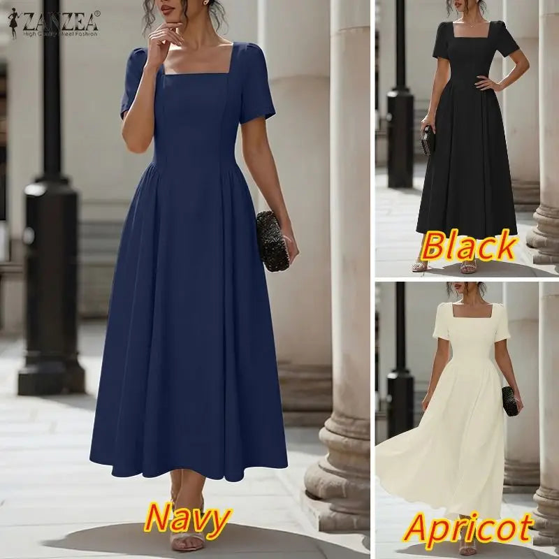 ZANZEA Damen-Maxikleid im französischen Stil, elegant, für den Sommer, quadratischer Ausschnitt, kurze Ärmel, geraffte Taille, A-Linien-Kleider, Urlaub, Tag-und-Nacht-Kleid