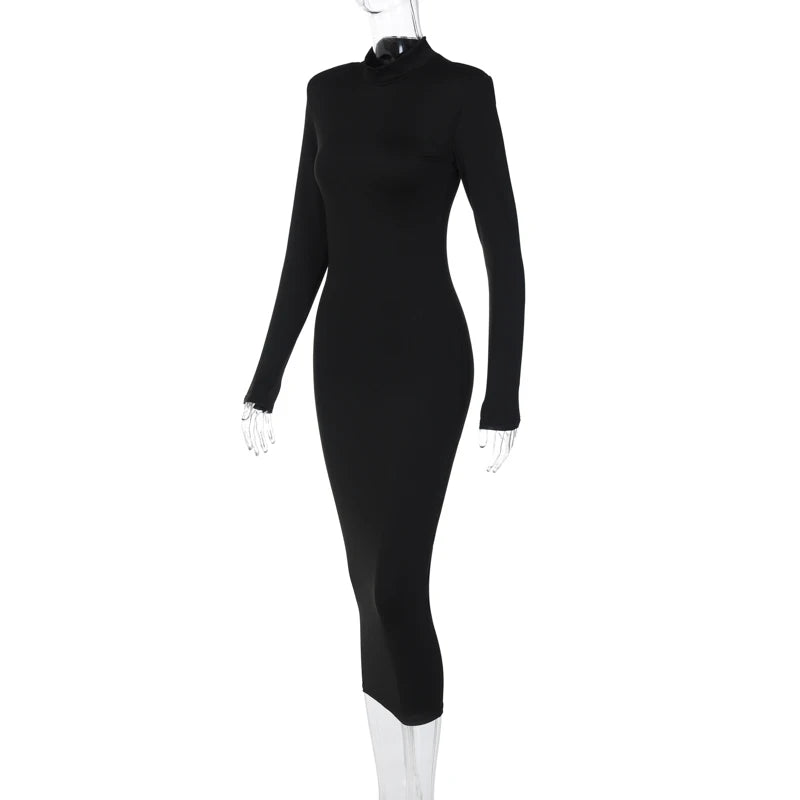 Hugcitar Frauen Mode Rollkragen Lange Ärmel Schwarz Sexy Bodycon Maxi Prom Kleid Herbst Casual Kleidung Streetwear Party Festival