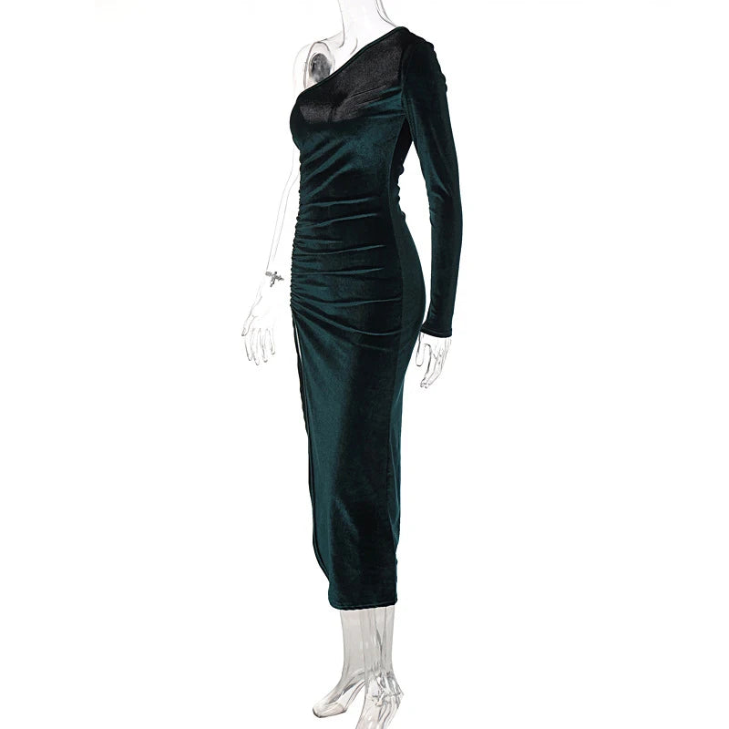 Frauen Elegante Langarm Party Abend Samt Bodycon Split Bleistift Midi Kleid 2024 Frühling Herbst Kleidung