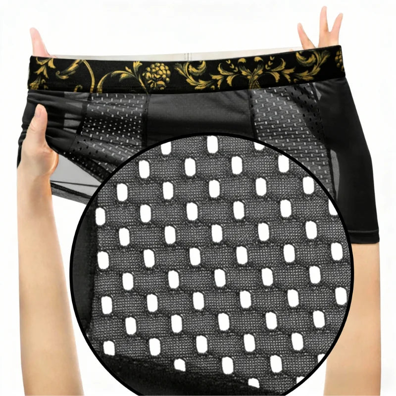 Herren Eisseide Boxershorts mit Goldblumenmuster am Bund, Atmungsaktive Unterwäsche, Schnelltrocknende Hautfreundliche Sport-Unterhose in Übergröße für den Sommer
