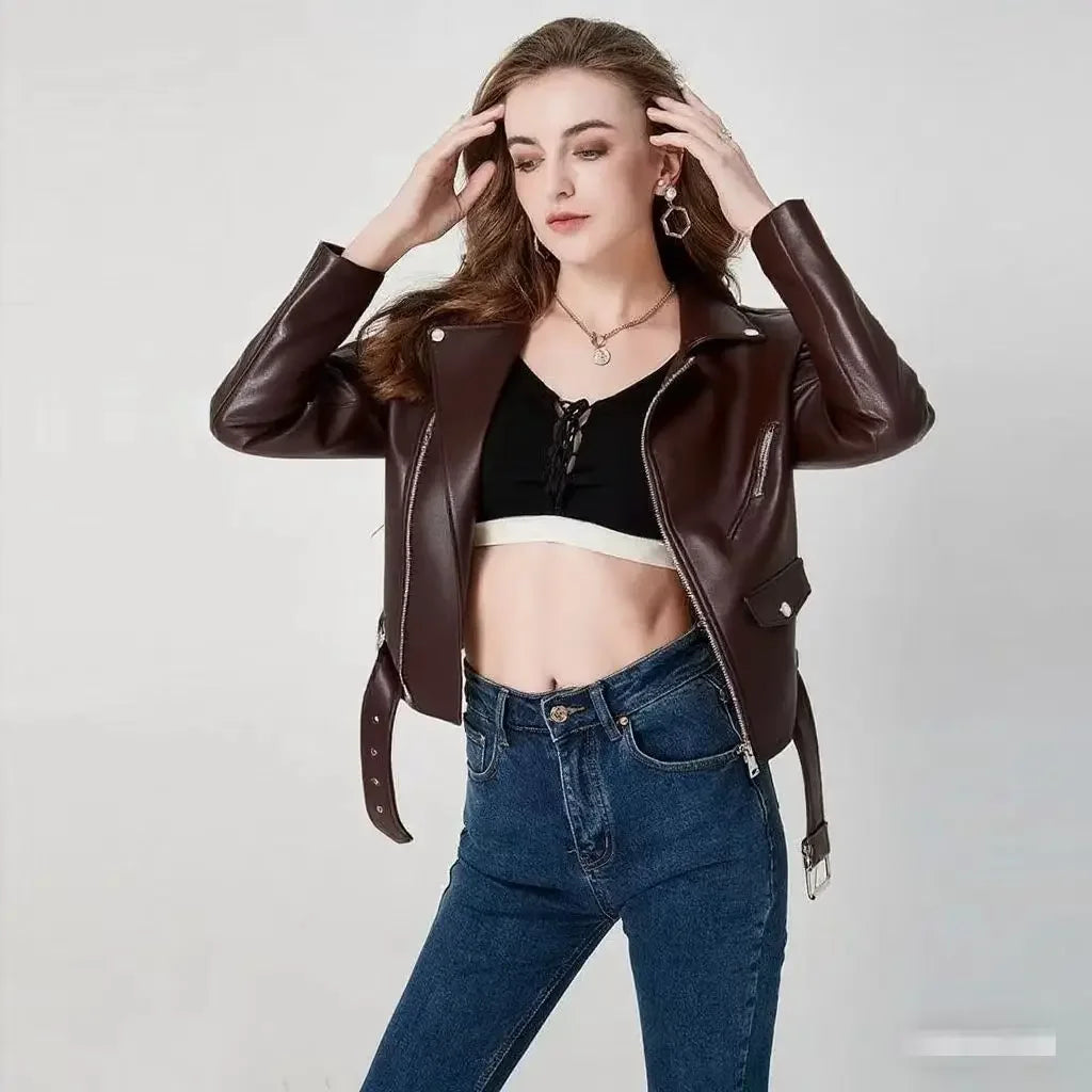 Women's PU Leather Jacket Slim Fit Motorcycle Washed Zipper Top Autumn Winter Fashion Outerwear Casual Style Full Sleeve