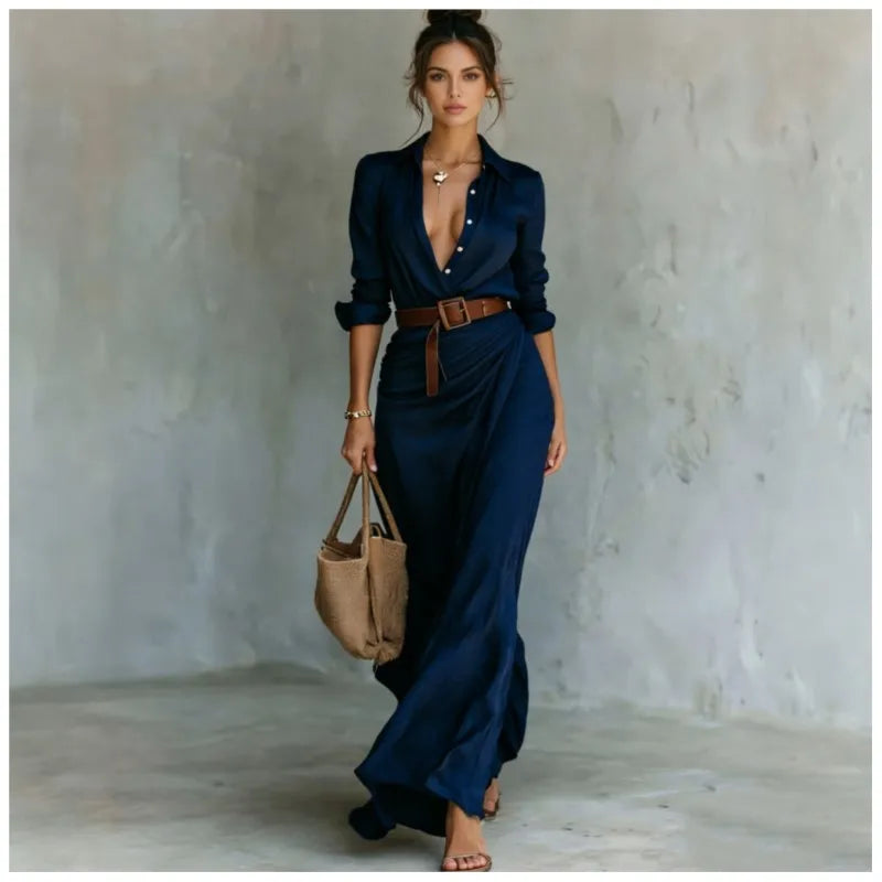 2026 Herbst Langarm Damenkleid Einfarbig mit Unregelmäßigen Falten und Gürtel Modisches Robe Femme für Büro, Alltag und Dates