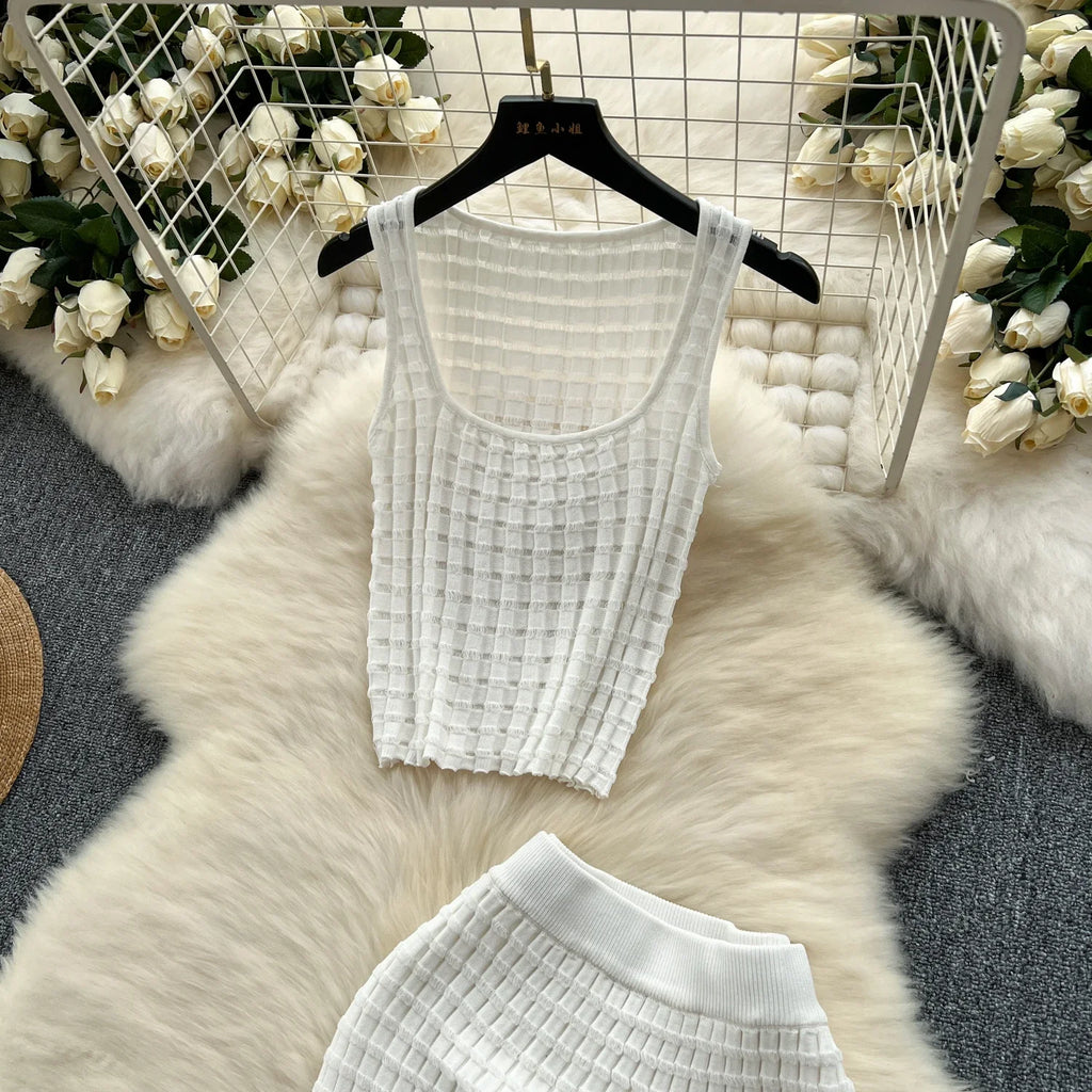 Sommer Frauen Mode Rock Set sexy ärmellose Tanktops hohe Taille schlanke lange Saya weibliche zweiteilige Anzüge stricken feste Kleidung