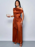 2026 Sommer Neuer Stil Einschultriger Rückenfreier Jumpsuit mit Bindedetail und weitem Bein im französischen High-End-Bankett-Stil, taillierter, schlankmachender Jumpsuit in Übergröße für Damen, geeignet für Party und