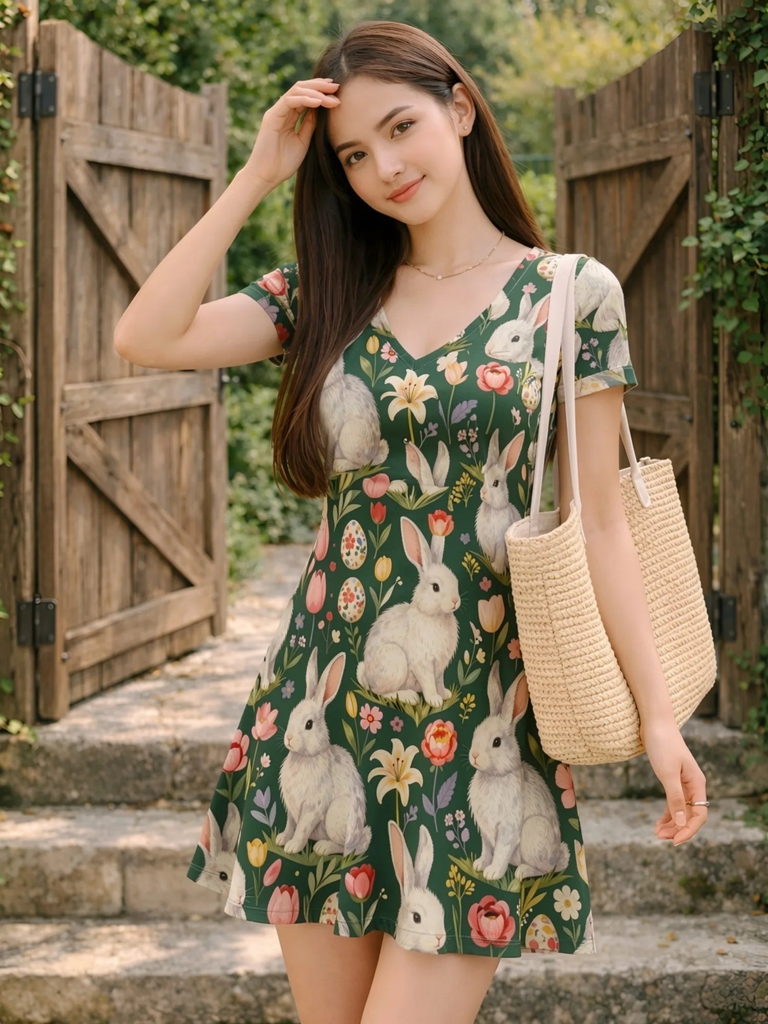 Damen-Minikleid mit V-Ausschnitt und Blumenmuster, A-Linie, Kurzarm, Lässiges Strand- und Urlaubsoutfit, Charmant, Leicht, Fließend, Hübsch, Süß, Modern, Niedlich, Frisch