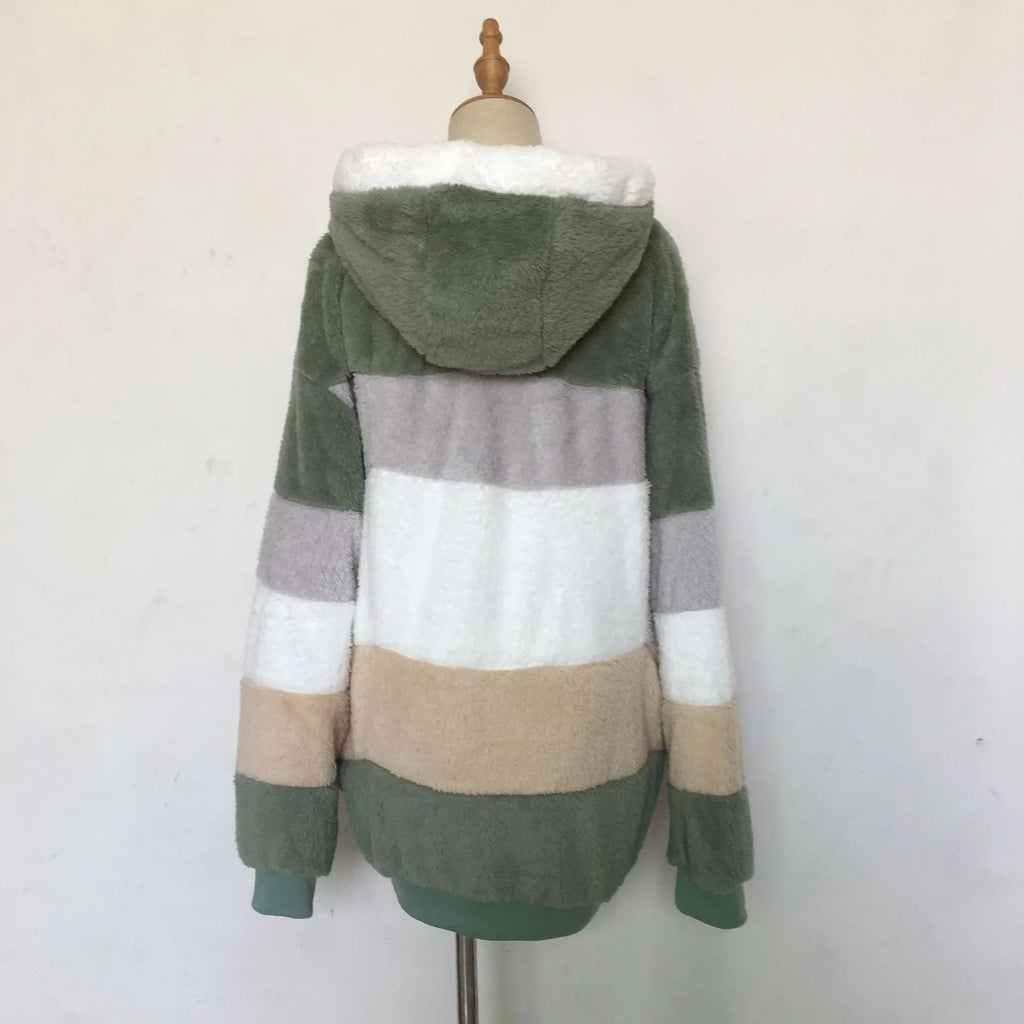 Warme Fleece-Übergroße Kapuzenjacke für Damen, Herbst und Winter, verdickte Reißverschlusstasche, Patchwork-Kleidung, bequemes Sweatshirt
