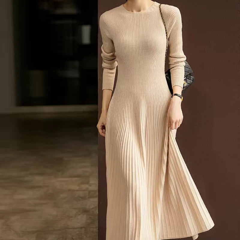Frühling Herbst Pullover Damen Kleid 100 % Merinowolle Kleid O-Ausschnitt Slim Maxirock Basic Langarm Kleid Sexy Inside Join Dress