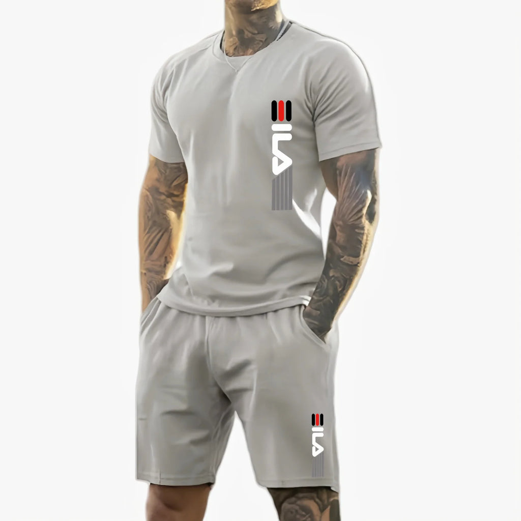Männer 2025, Sommer, neuer lässiger Sportanzug, modisches, atmungsaktives Outdoor-Herren-Kurzarm-T-Shirt + Trainingsshorts, zweiteiliges Set