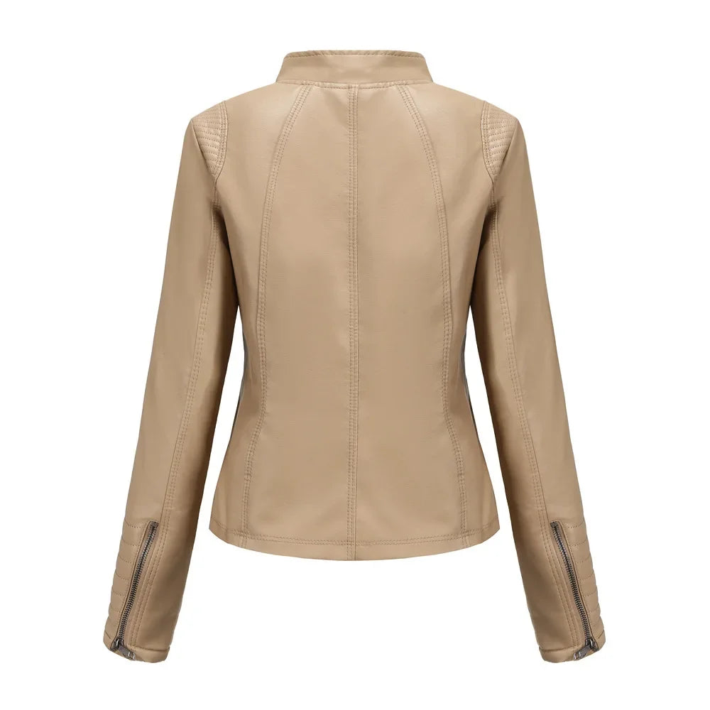 New 20 Women's Leather Jacket Thin Motorcycle Style Short Fashion Women's Jacket Stand Collar Full Sleeve from Mainland China