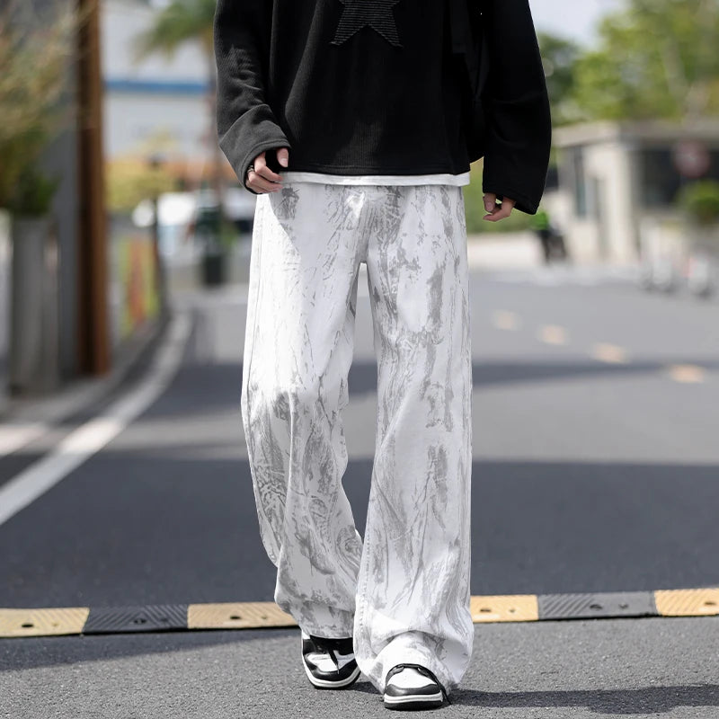 Jeans Herren Klassische Jeans mit geradem Bein, weiße Batik-Denim-Hose, Unisex, modische Freizeithose, Streetwear, Hip-Hop-Stil, gewaschen