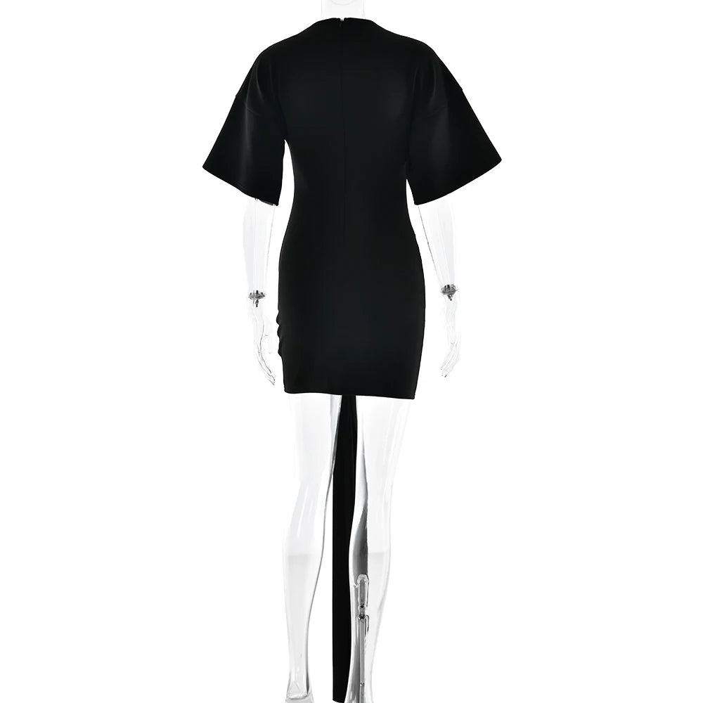 Apprabant Women Buckle Ruched Ribbon Mini Dress O-Neck Metal Short Sleeve Solid Color Silm Bodycon Short Dress Casual Partywear