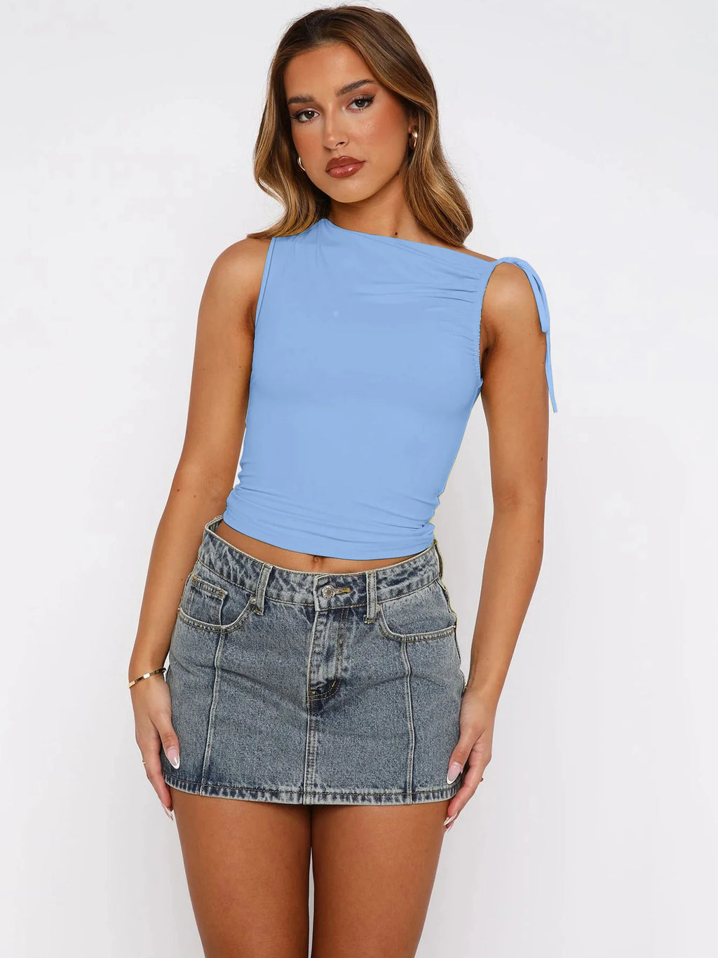 Dulzura Ärmelloses Skew Kragen Geraffte Spitze Up Bodycon Crop Top Sexy Elegante Casual Tank Party Club Streetwear Frühling Sommer