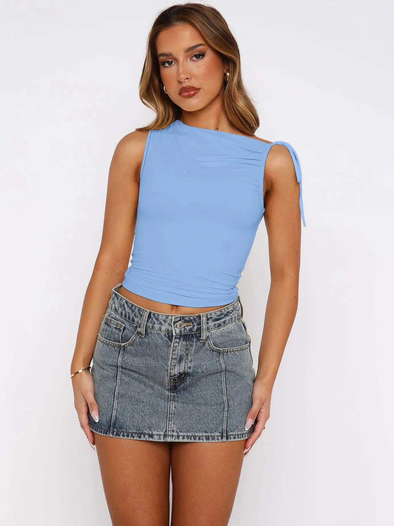 Dulzura Ärmelloses Skew Kragen Geraffte Spitze Up Bodycon Crop Top Sexy Elegante Casual Tank Party Club Streetwear Frühling Sommer