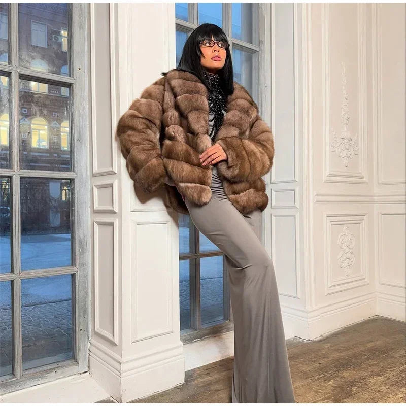 Brauner mittellanger Pelzmantel für Damen, Revers, versteckter Knopf, lockere, elegante Oberbekleidung, 2025, modischer Bürodame, Pendelmantel, Neu
