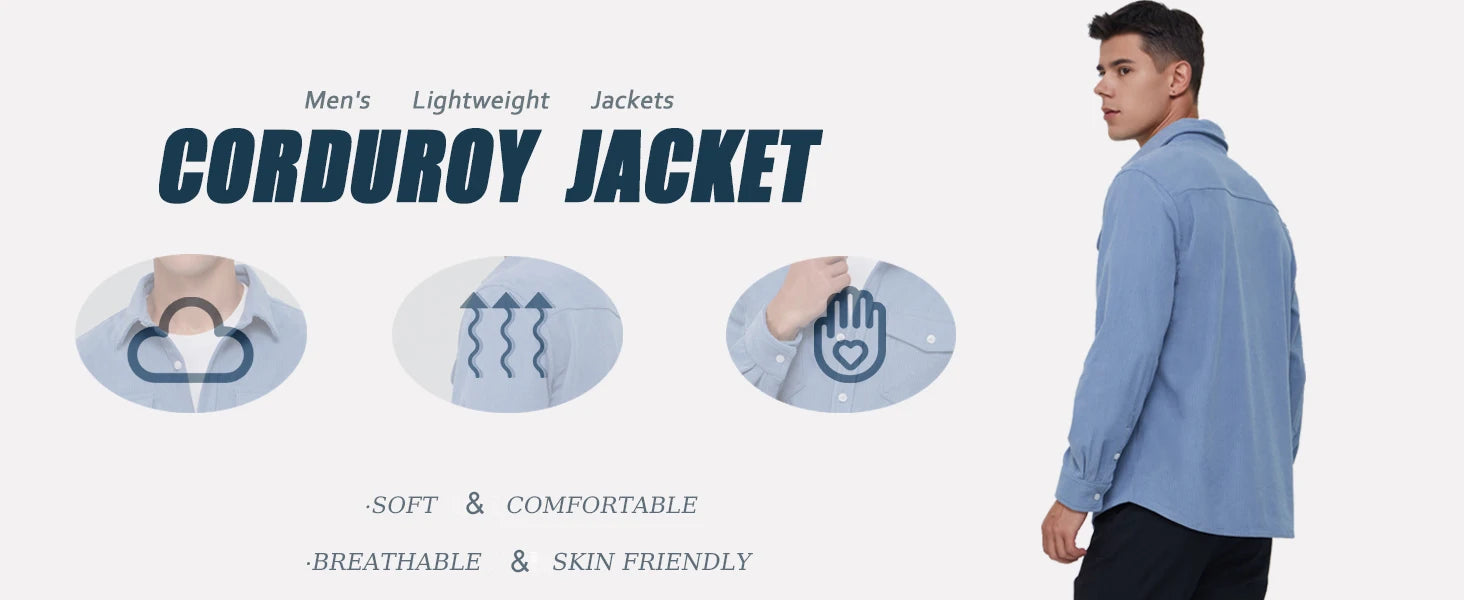 MAGCOMSEN Men's Corduroy Jacket Long Sleeve Casual Light Shirt with Chest Pocket Work Daily Jacket Spring and Autumn Coat