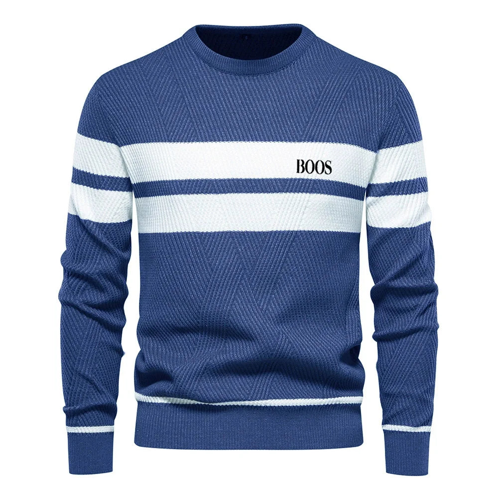 Autumn and winter men's casual striped men's sweater pullover, color blocked round neck embroidered men's European size knitted