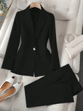 Damen Schwarzer Einfarbiger Zweiteiler 2026 Langarm-Blazer & Hochgeschnittene Cropped-Hose Set Büro-Arbeitskleidung Outfit