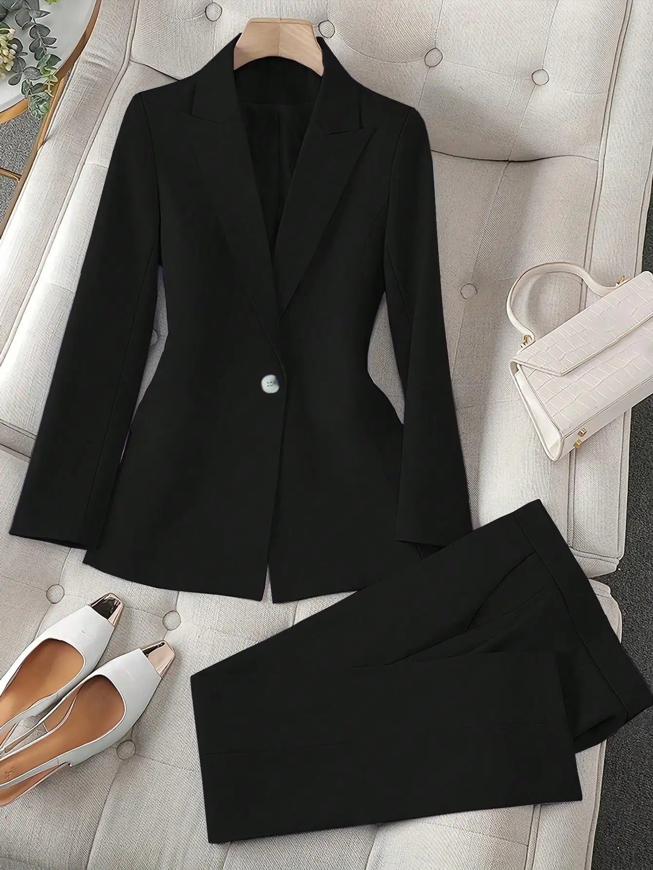 Damen Schwarzer Einfarbiger Zweiteiler 2026 Langarm-Blazer & Hochgeschnittene Cropped-Hose Set Büro-Arbeitskleidung Outfit