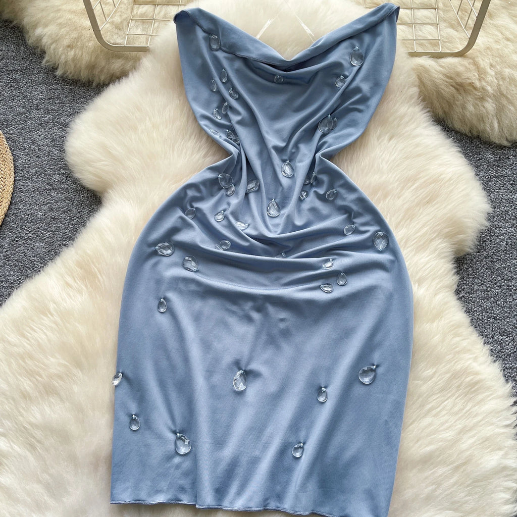 SINGREINY Fashion Beading Mini Sundress Transparent Sling Design Swinging Collar Hot Summer Ladies Sexy Backless Bodycon Dress