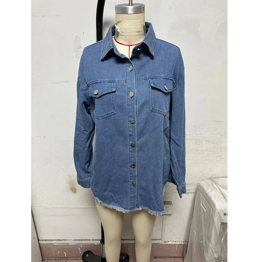 Gewaschene Denim Jacke Frauen Herbst Quaste Revers Jeans Jacke Weibliche Casual Lose Langarm Einreiher Oberbekleidung Shirts Mantel