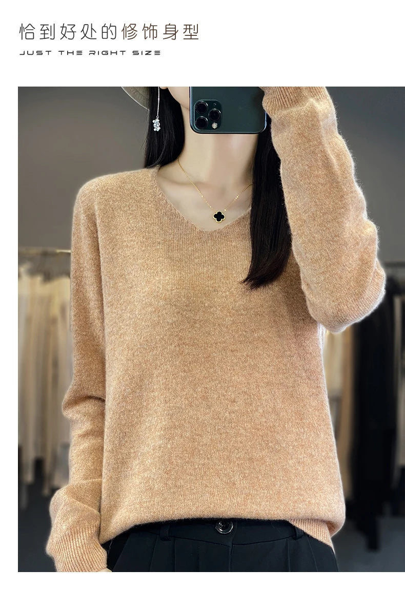 Frauen 100% Merinowolle Pullover V-Ausschnitt Basic Pullover Herbst Winter Kaschmir Kleidung Langarm weiche Strickwaren Tops einfarbig